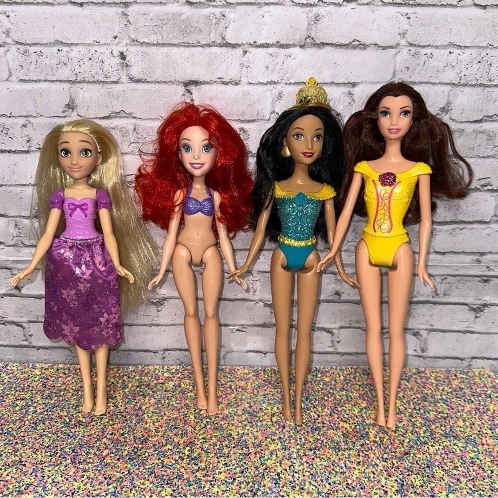 Disney Princess Dolls Belle Ariel Rapunzel Jasmine Lot of 4 Dolls Mattel Hasbro
